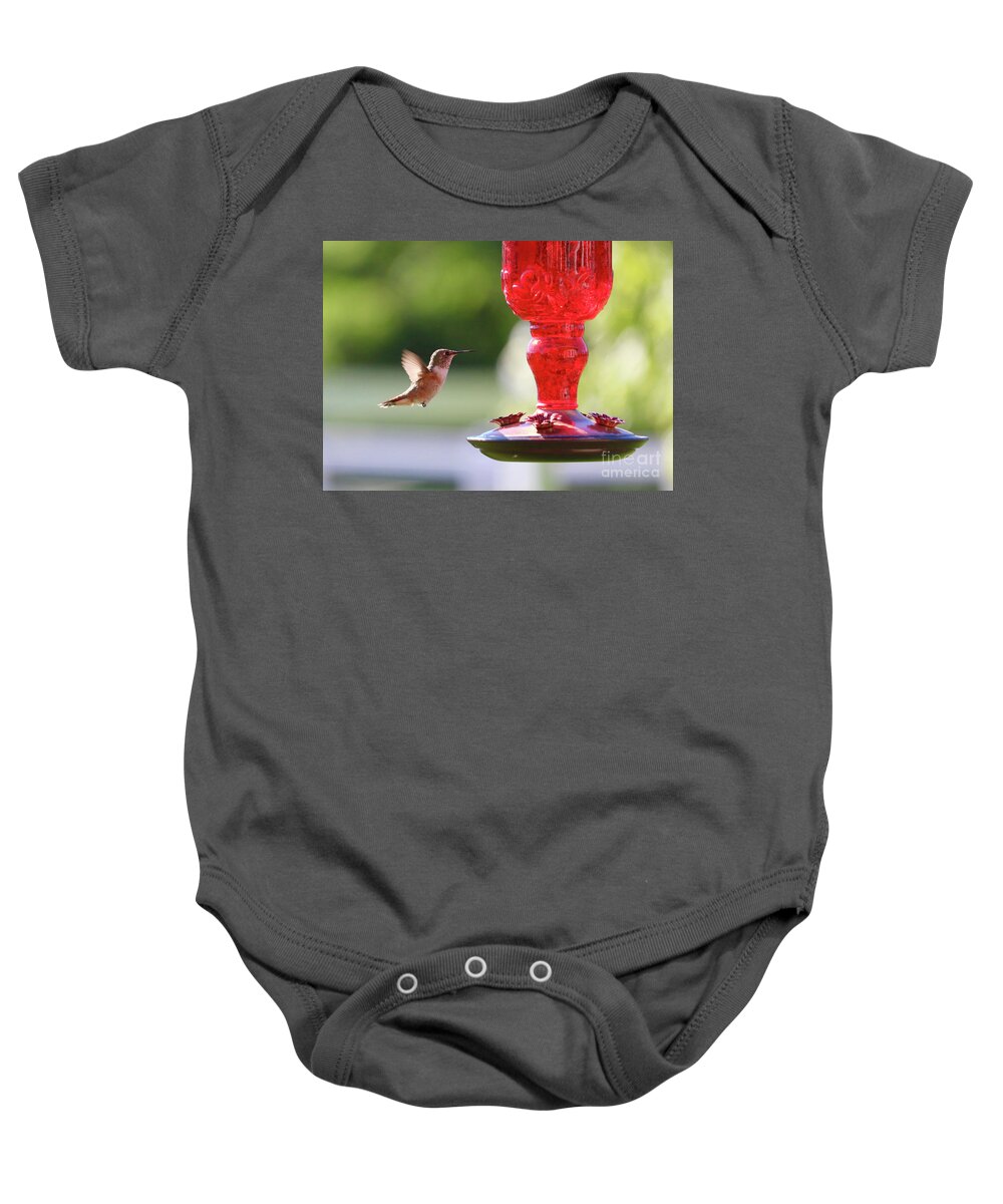 Hummingbird Baby Onesie featuring the photograph Sweet Hummingbird Flyer with Red Feeder by Carol Groenen