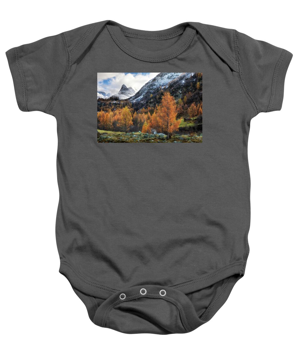 Alpine Baby Onesie featuring the photograph Swiss painting by Dominique Dubied
