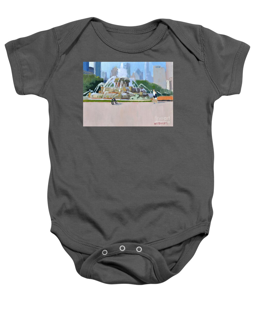 Buckingham Fountain Baby Onesie featuring the painting Taking a moment, The Buckingham Fountain, Chicago by Paul Strahm