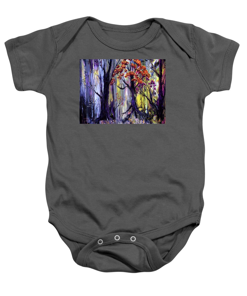 Tawny Owls Baby Onesie featuring the painting Tawny Owls and Bright Eyes by Laura Iverson