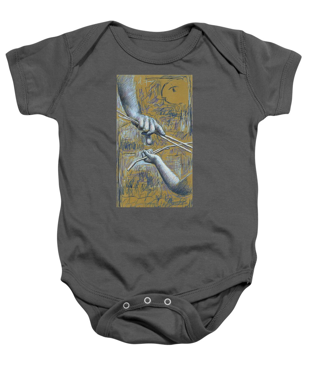 Hans Egil Saele Baby Onesie featuring the drawing Teaching and Learning - Yellow by Hans Egil Saele