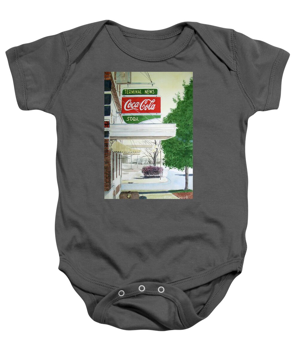A Coca Cola Sign Hangs Outside The Bus Station In Coffeyville Baby Onesie featuring the painting Terminal News by Monte Toon
