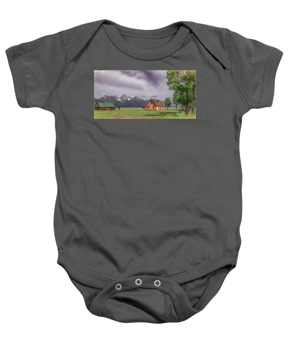Grand Tetons National Park Baby Onesie featuring the photograph That Mormon Row Charm by Marcy Wielfaert
