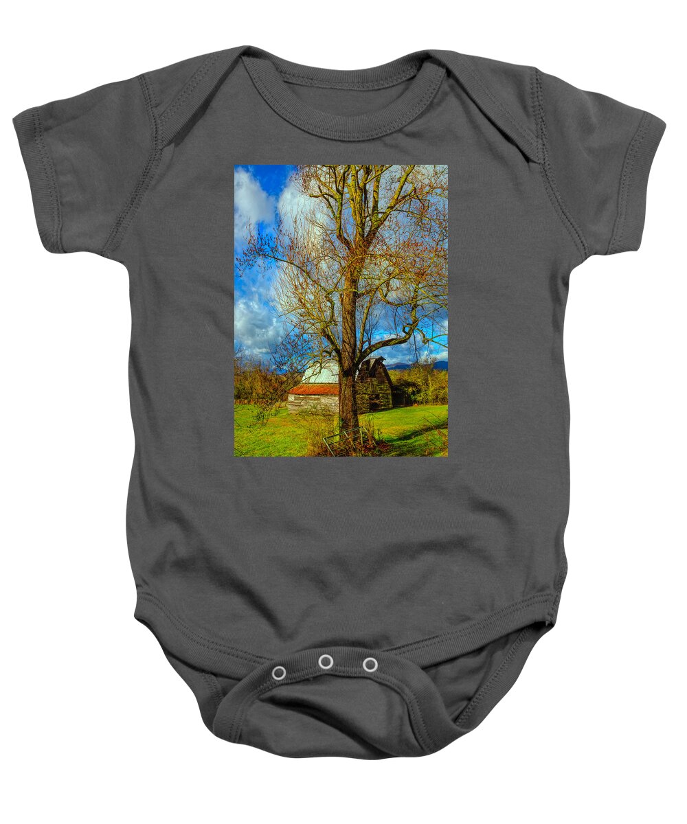 Andrews Baby Onesie featuring the photograph The Barn Farm Gate by Debra and Dave Vanderlaan
