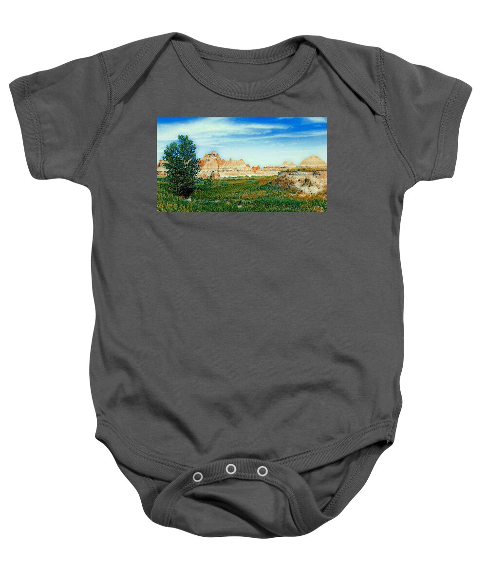 Badlands National Park Baby Onesie featuring the mixed media The Beauty of the Badlands National Park by Ally White