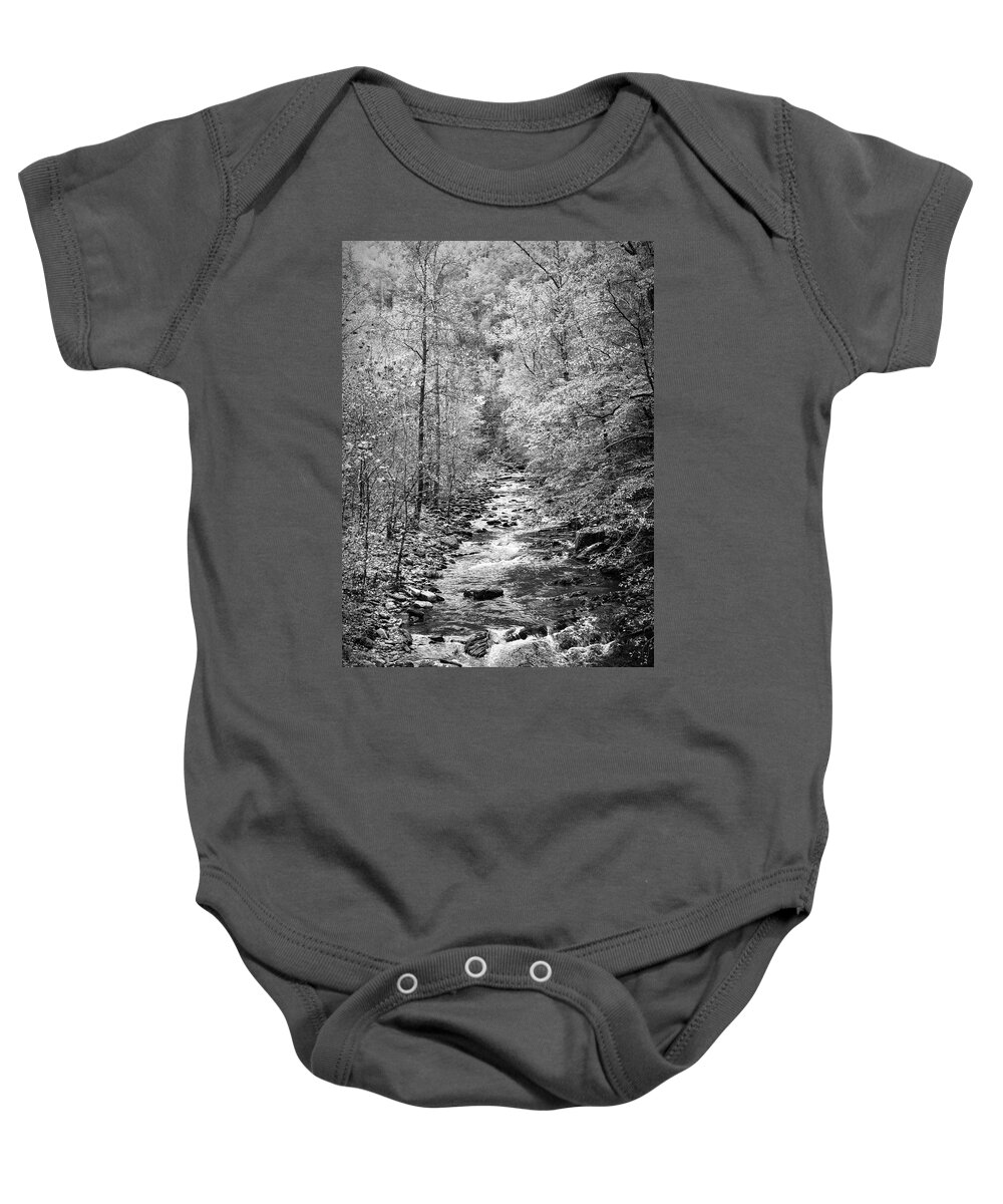 Carolina Baby Onesie featuring the photograph The Call of the Forest II in Black and White by Debra and Dave Vanderlaan
