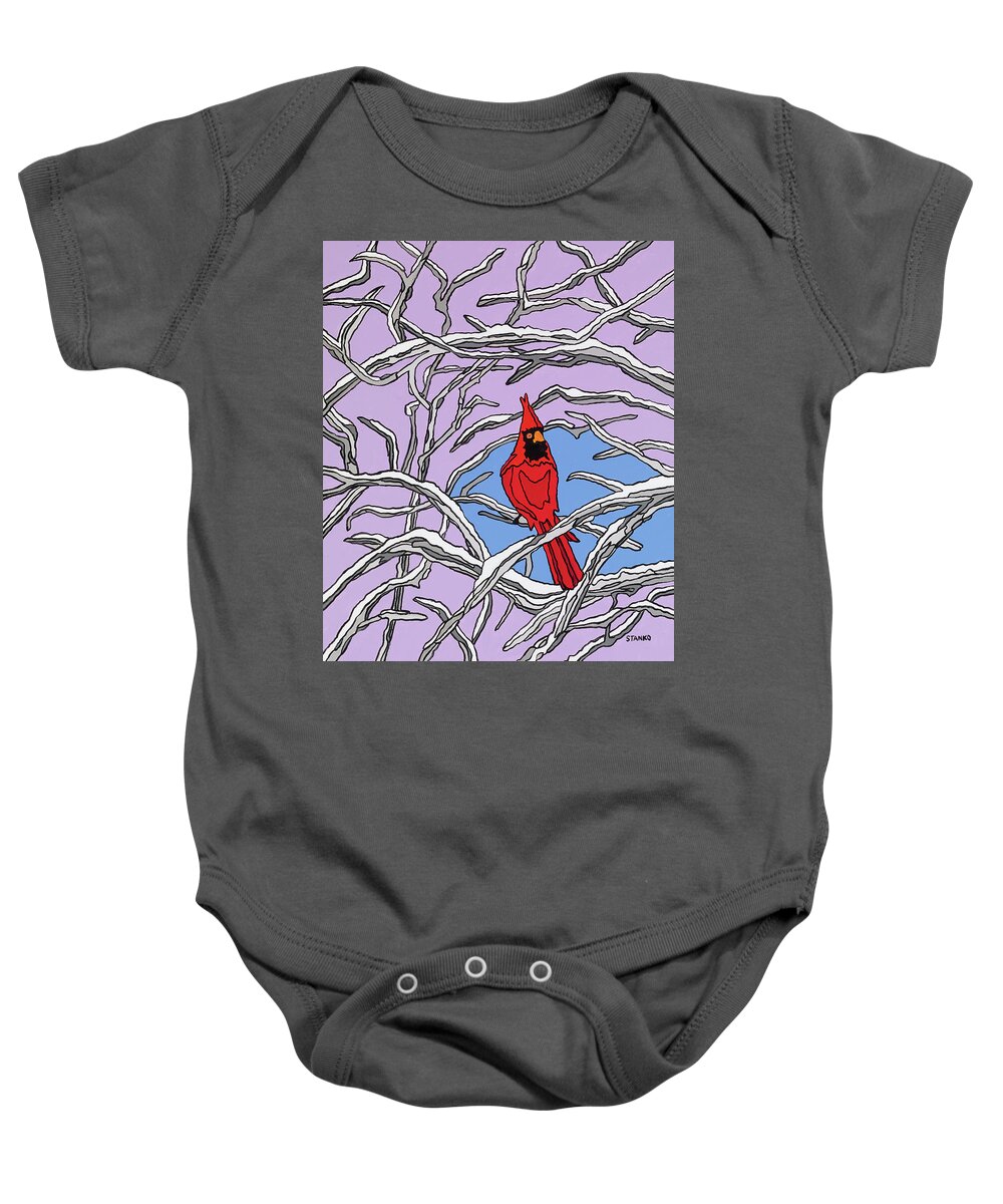 Cardinal Bird Perch Snow Winter Baby Onesie featuring the painting The Cardinal by Mike Stanko