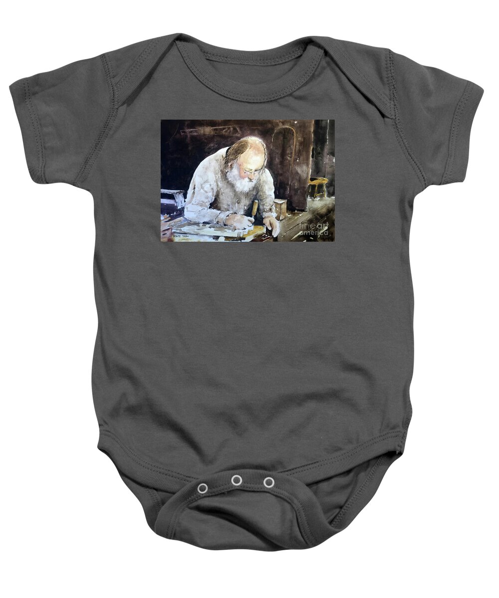 A Bearded Woodcarver Works At Mystic Seaport Baby Onesie featuring the painting The Carver by Monte Toon