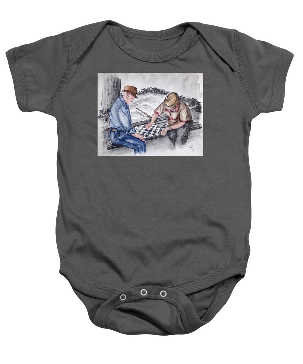 Chess Baby Onesie featuring the painting The Chess Game with Old Friends by Kelly Mills