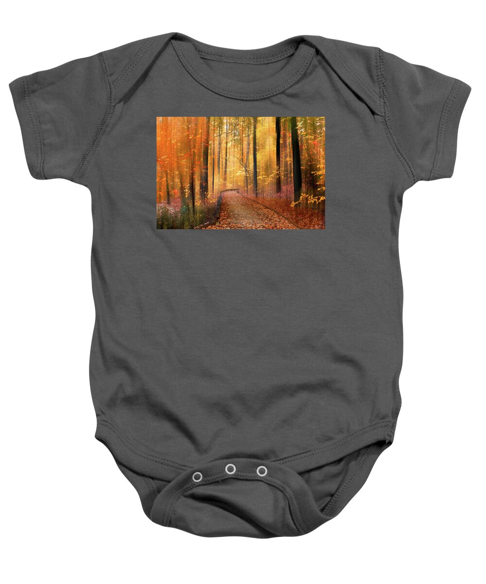 Forest Baby Onesie featuring the photograph The Flickering Forest by Jessica Jenney