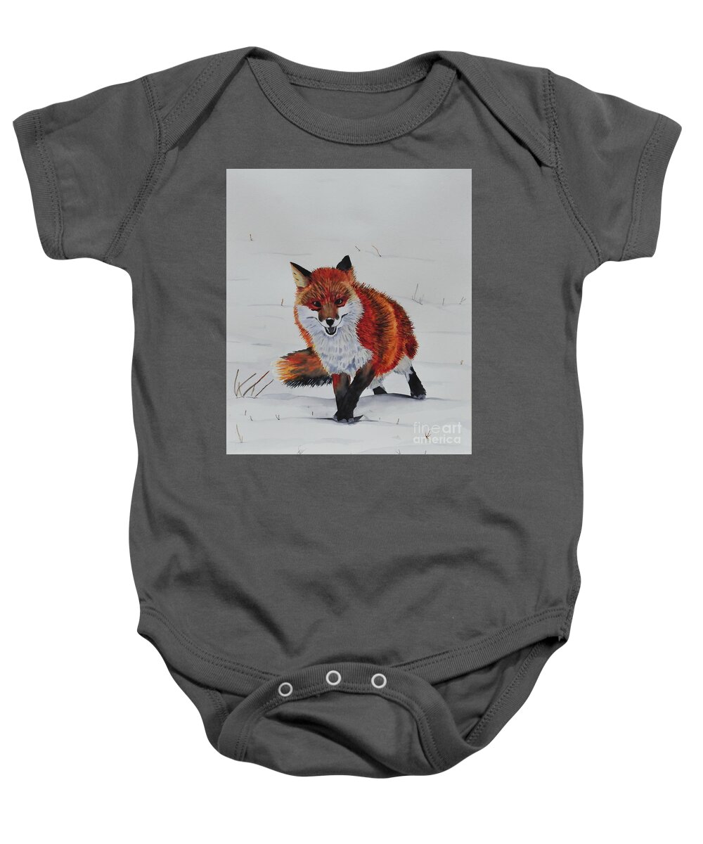Fox Baby Onesie featuring the painting The Fox in Winter by John W Walker