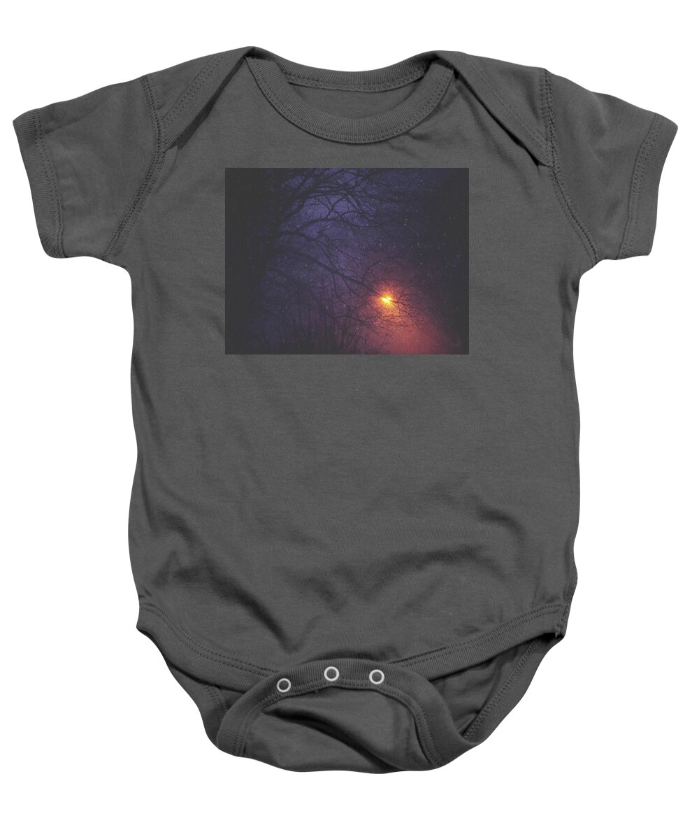 Streetlight Baby Onesie featuring the photograph The Glow Of Snow by Carrie Ann Grippo-Pike