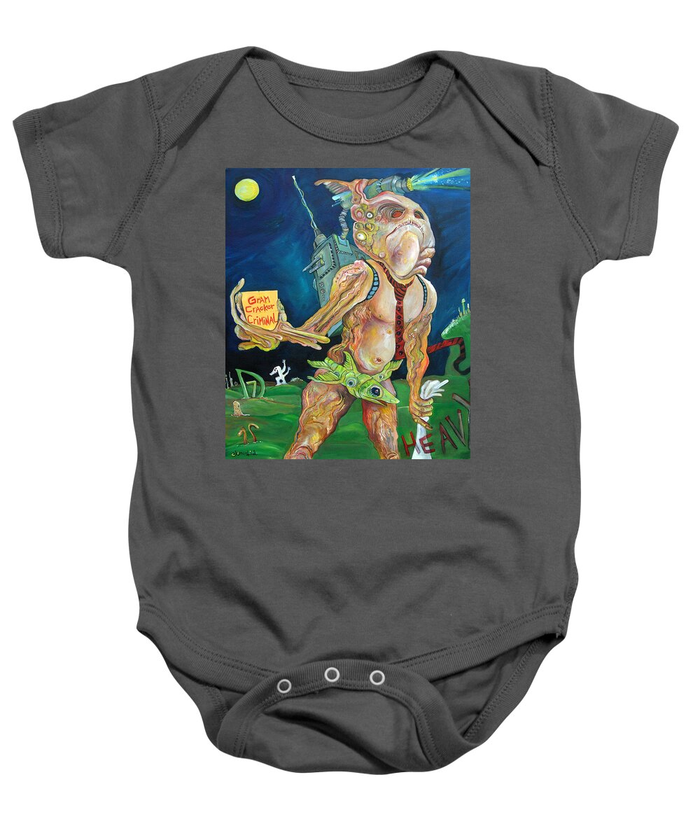 Criminal Baby Onesie featuring the painting The Gram Cracker Criminal by Yom Tov Blumenthal