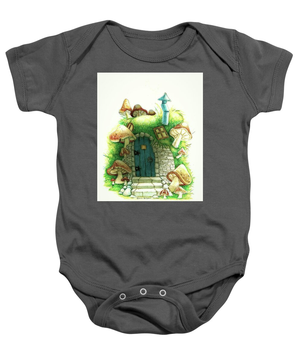 Green Baby Onesie featuring the drawing The green fairy house by Tim Ernst