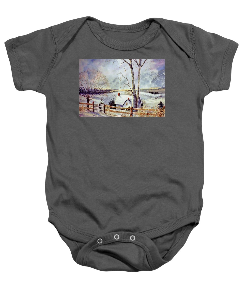 Winter Scene Baby Onesie featuring the painting The Homestead by Marilyn Smith
