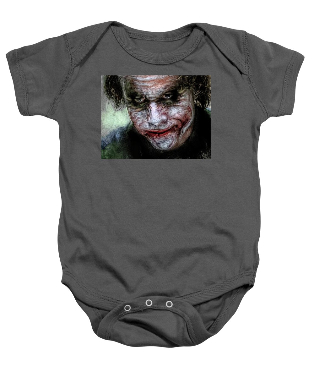 Batman Baby Onesie featuring the mixed media The Joker as Portrayed by Heath Ledger by Mal Bray