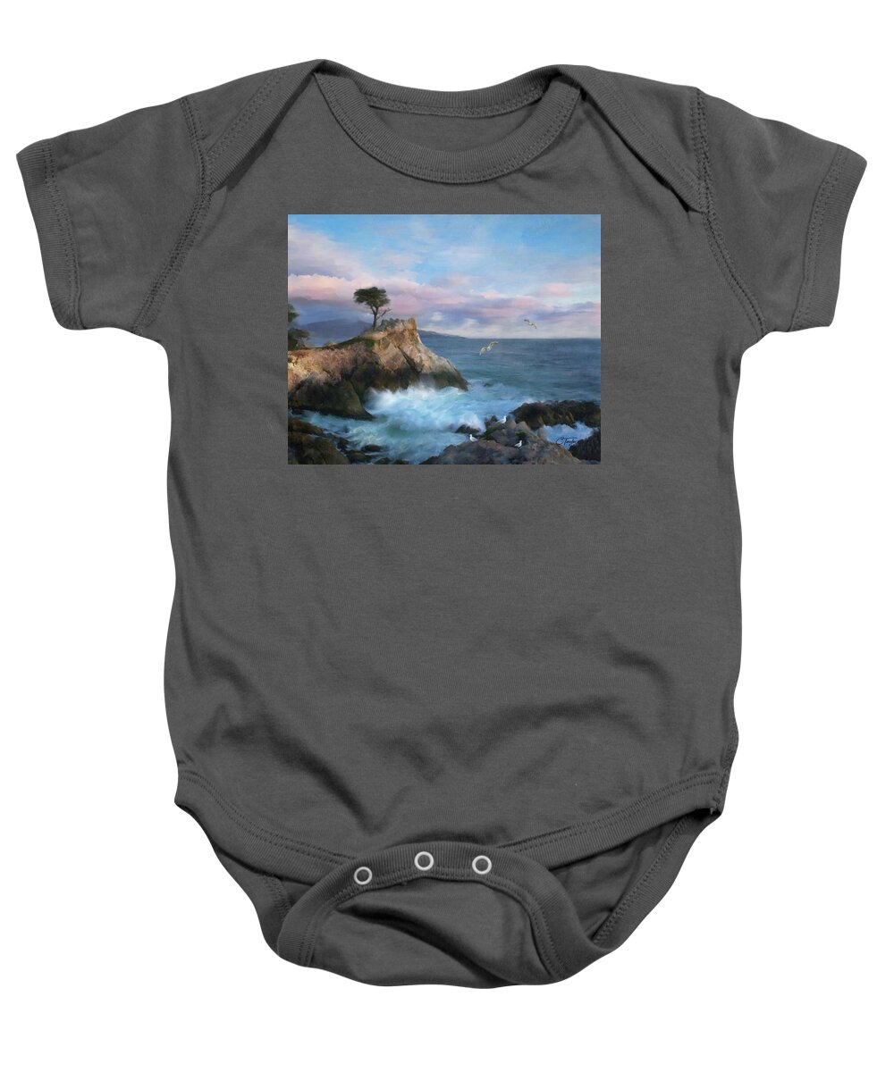 Cypress Point Baby Onesie featuring the mixed media The Lone Cypress at Cypress Point by Colleen Taylor