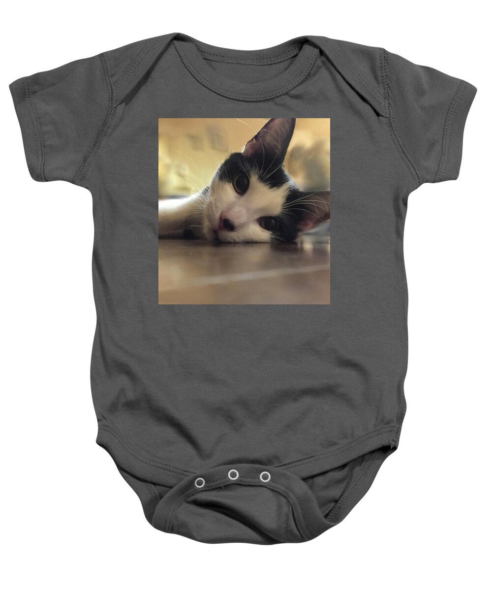 The Look Baby Onesie featuring the photograph The Look- a cute cat portrait by Shelli Fitzpatrick