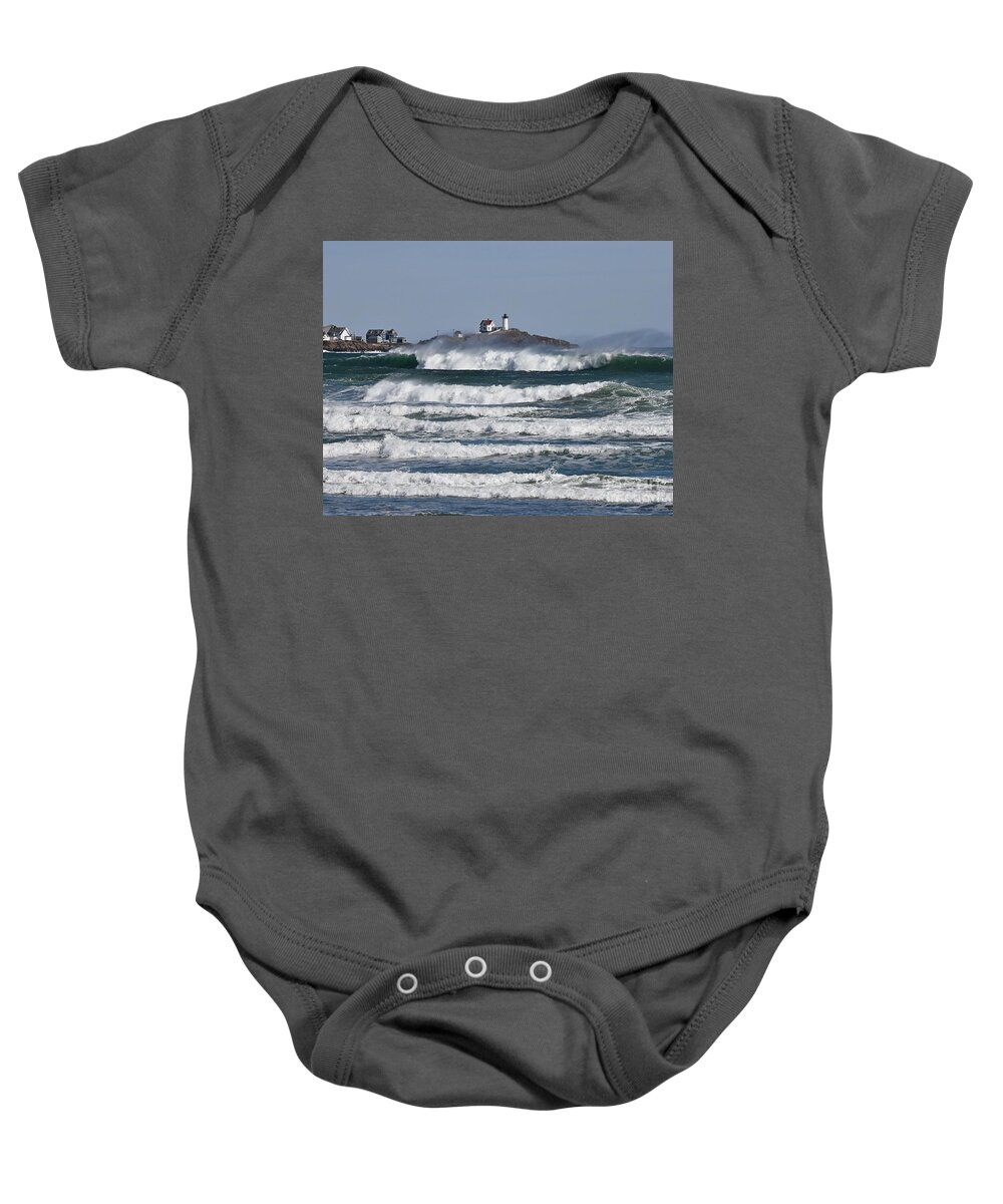Cape Neddick Baby Onesie featuring the photograph The Ocean Storm at the Nubble by Steve Brown