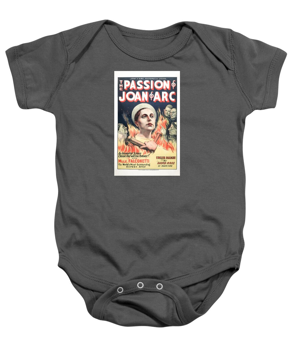 Joan Of Arc Baby Onesie featuring the painting The Passion of Joan of Arc Movie Promotional Ad - 1929 by War Is Hell Store