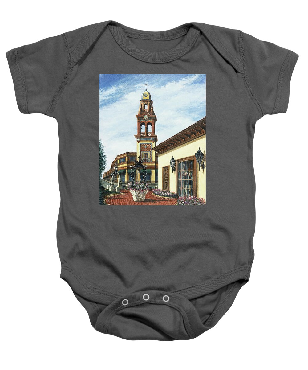 Architectural Cityscape Baby Onesie featuring the painting The Plaza Times Building by George Lightfoot