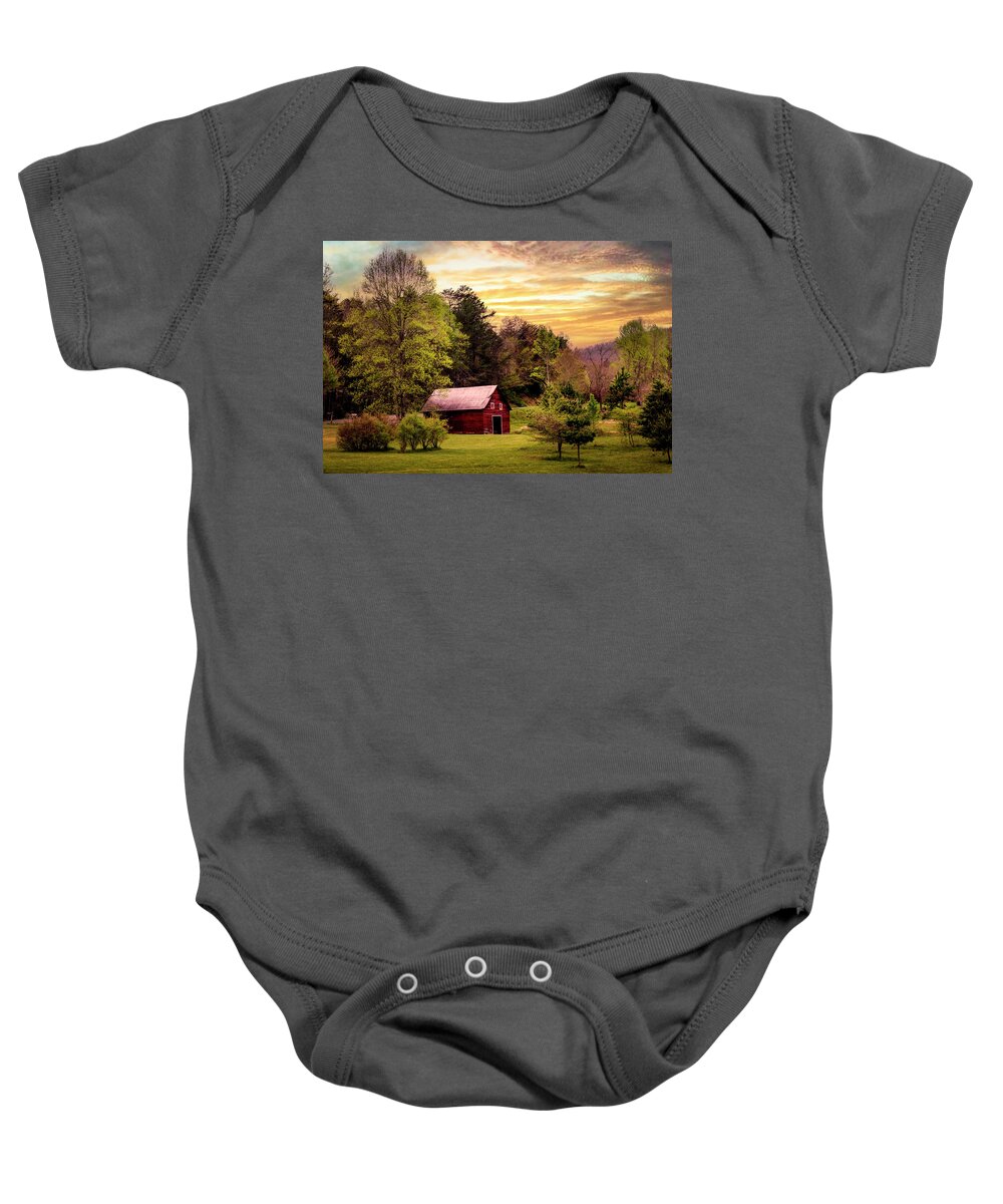 Barns Baby Onesie featuring the photograph The Red Barn at Sunset by Debra and Dave Vanderlaan