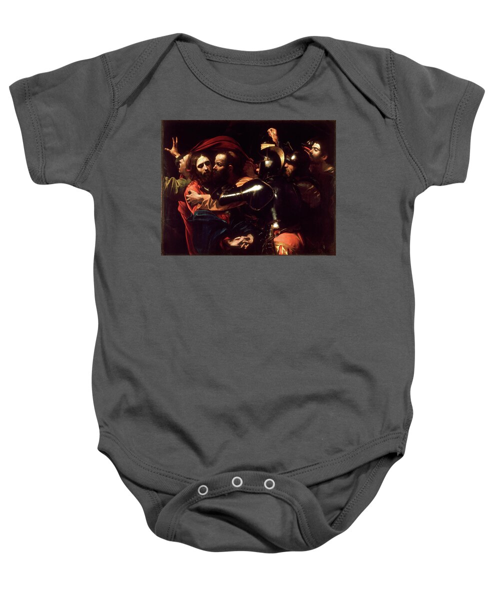 Passion Baby Onesie featuring the painting The Taking of Christ by Michelangelo Merisi da Caravaggio
