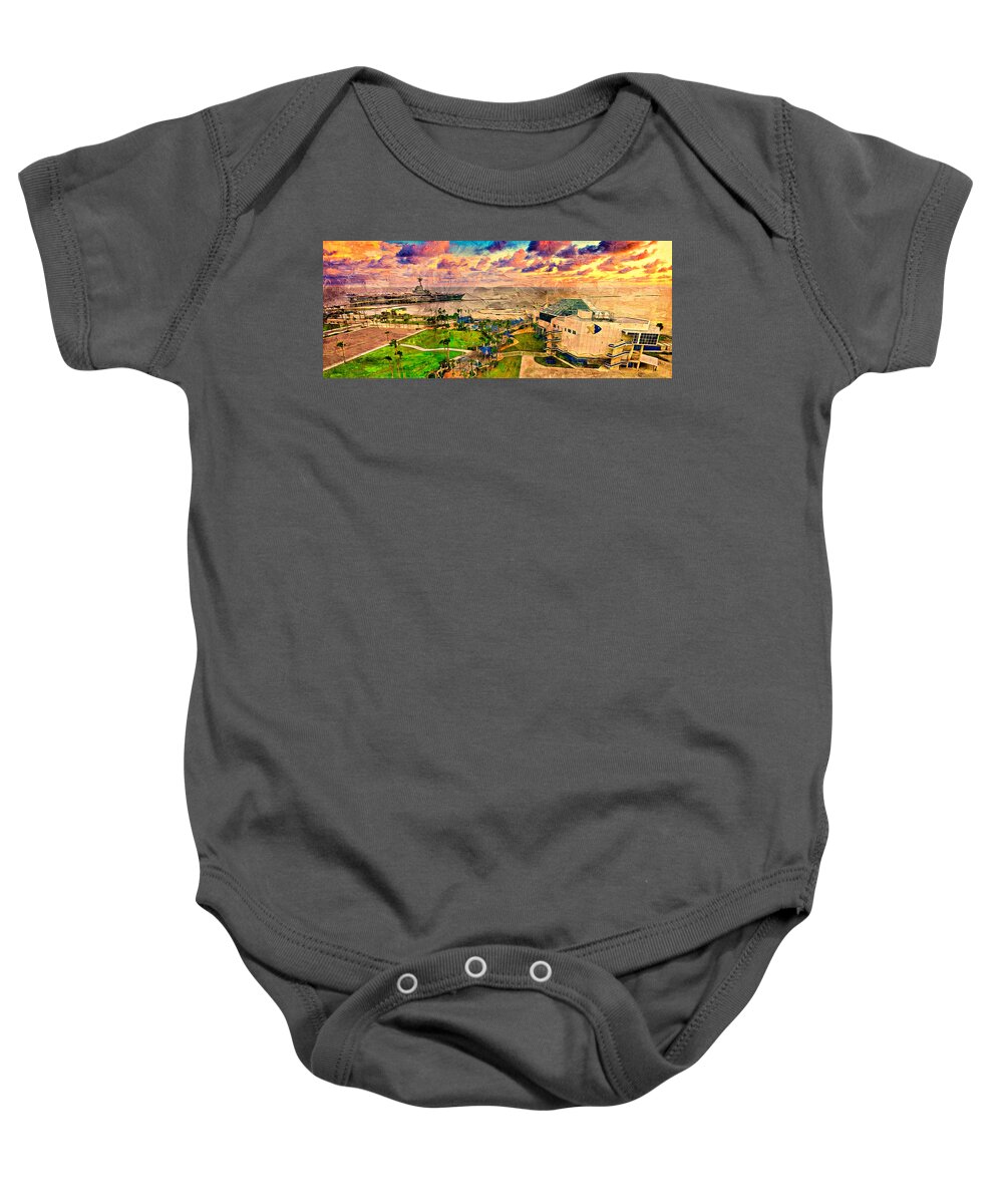 Texas State Aquarium Baby Onesie featuring the digital art The Texas State Aquarium and USS Lexington Museum in Corpus Christi at sunset by Nicko Prints