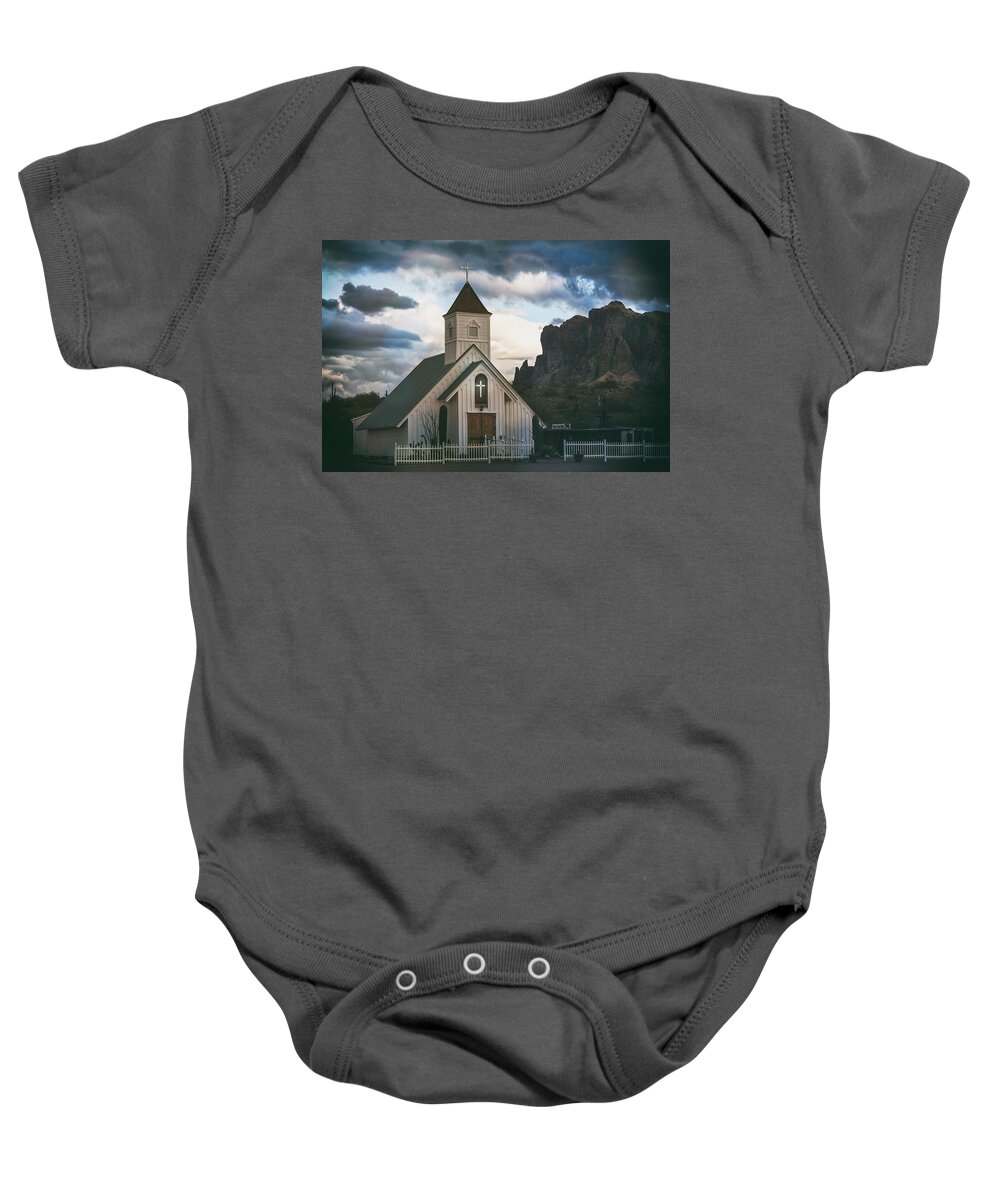 Stormy Baby Onesie featuring the photograph The White Chapel At The Supes by Saija Lehtonen