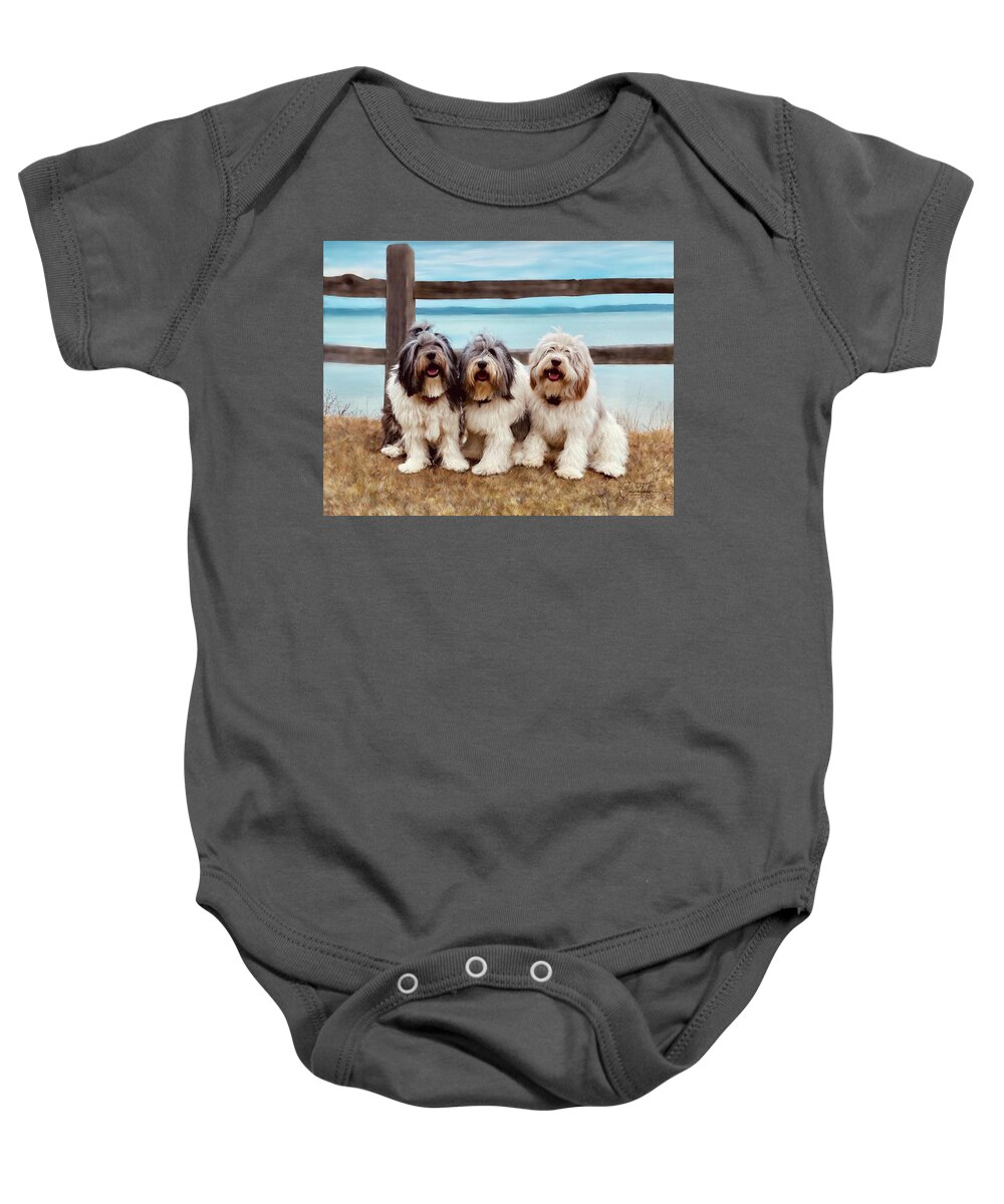 Old English Sheep Dogs Baby Onesie featuring the mixed media Three Dog Night and Day by Colleen Taylor