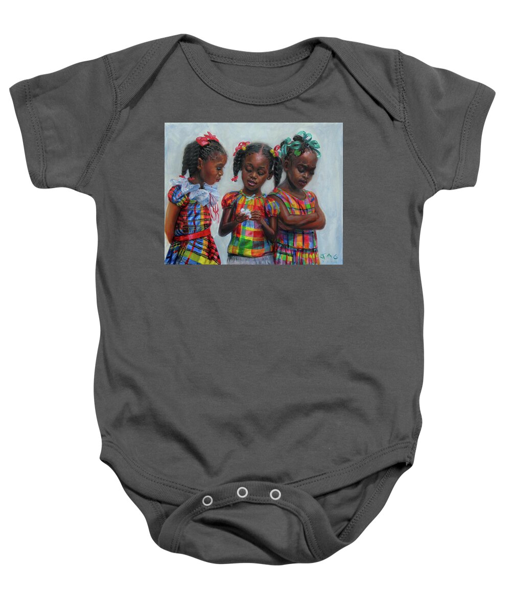  Baby Onesie featuring the painting Three Girls by Jonathan Guy-Gladding JAG