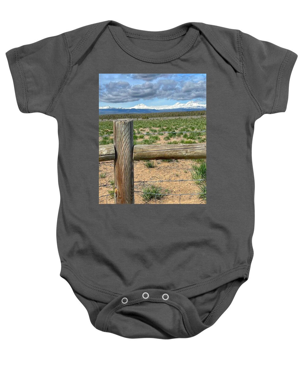 Oregon Baby Onesie featuring the photograph Three Sisters Mountains by Bonnie Bruno