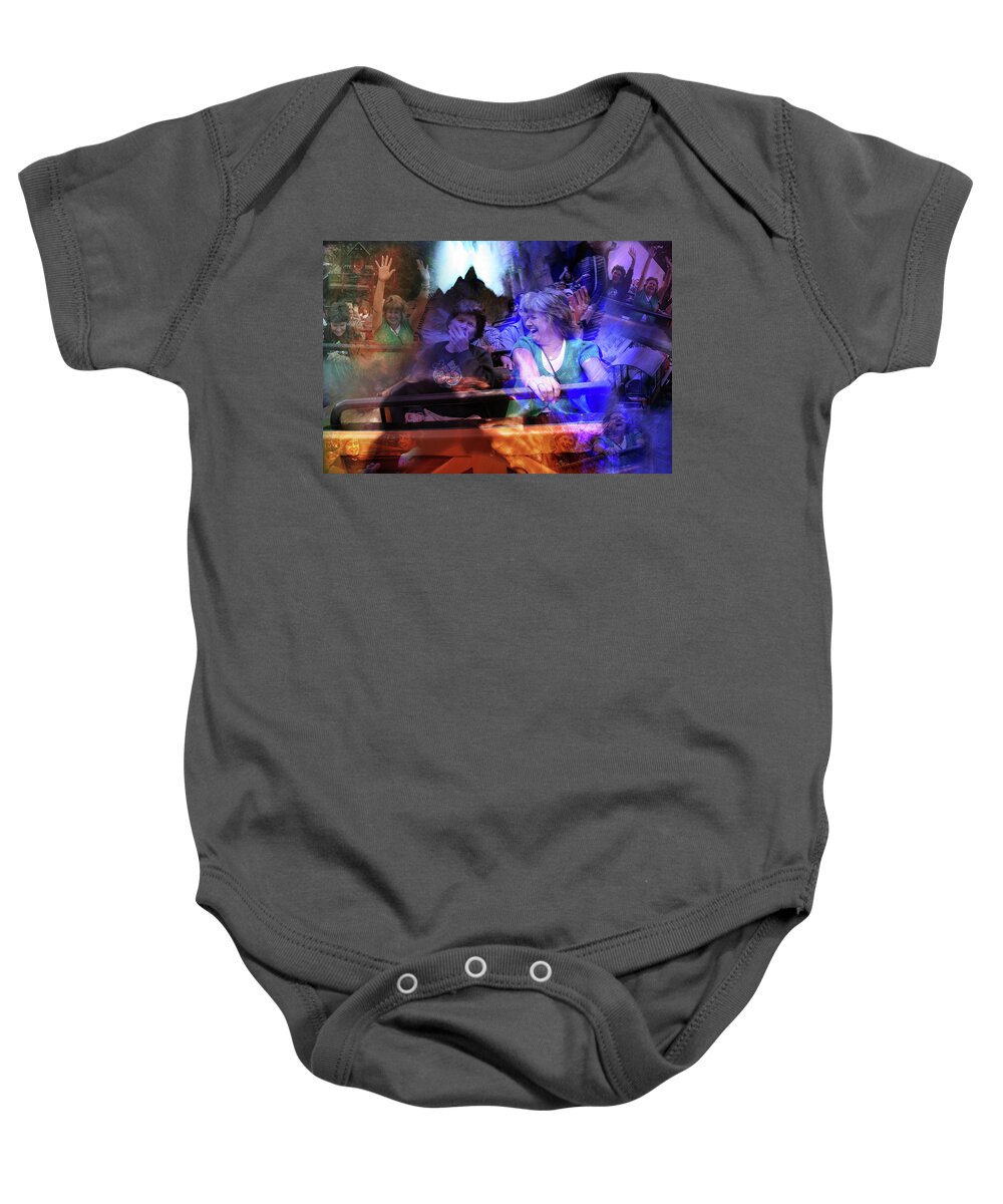Photograph Manipulation Notforsale Baby Onesie featuring the photograph Thunder Mountain at Disneyland by Beverly Read