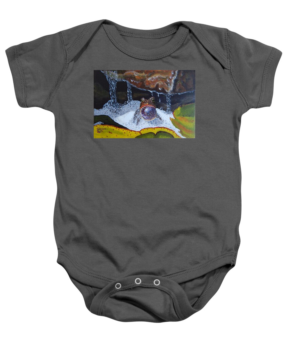 Toad Baby Onesie featuring the painting Toadie- Singin' in the Shower by Mike Kling