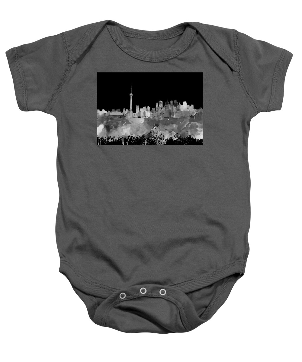 Toronto Baby Onesie featuring the mixed media Toronto Ontario Canada grayscale skyline Design 252 by Lucie Dumas