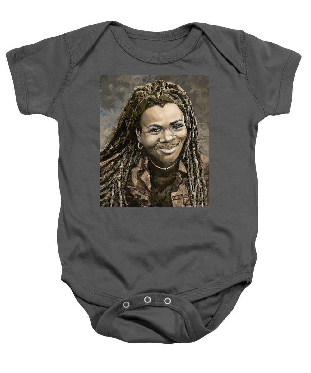 Tracy Chapman Baby Onesie featuring the painting Tracy Chapman, 2020 by PJ Kirk