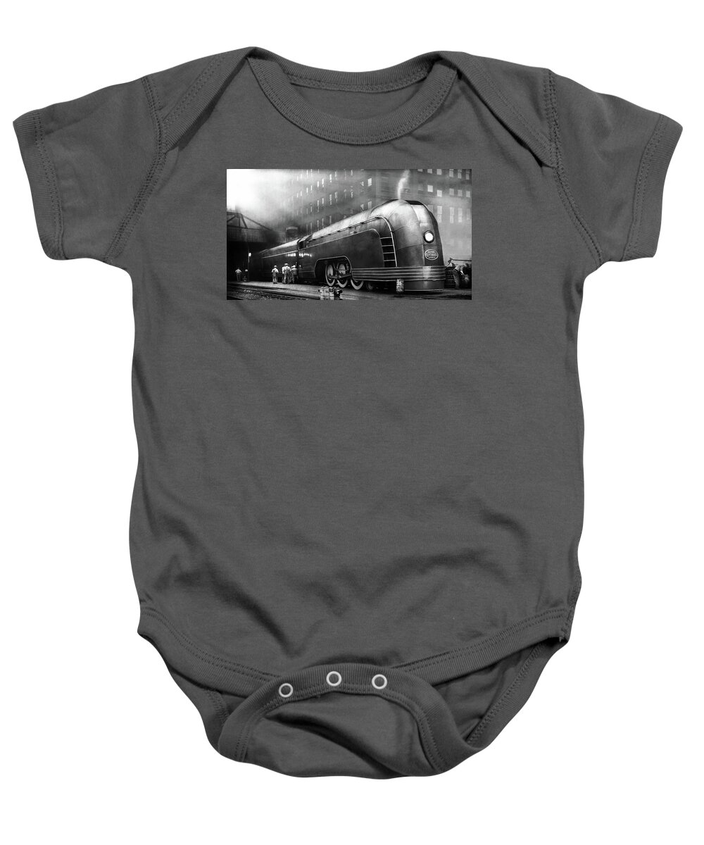 Train Baby Onesie featuring the photograph Train - Retro - The train of tommorow 1939 BW by Mike Savad
