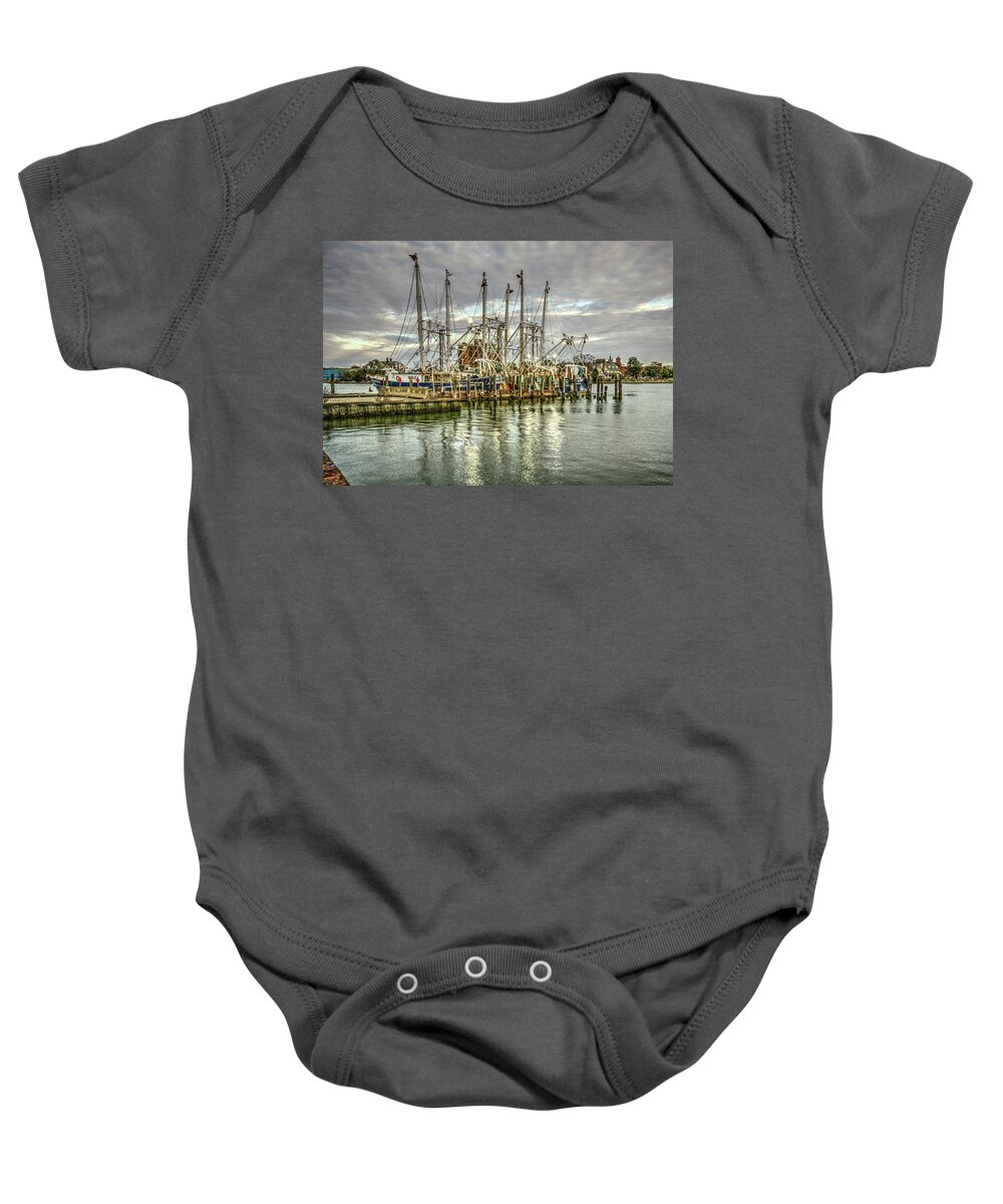 Hampton Downtown Baby Onesie featuring the photograph Trawlers at Amory Seafood by Jerry Gammon