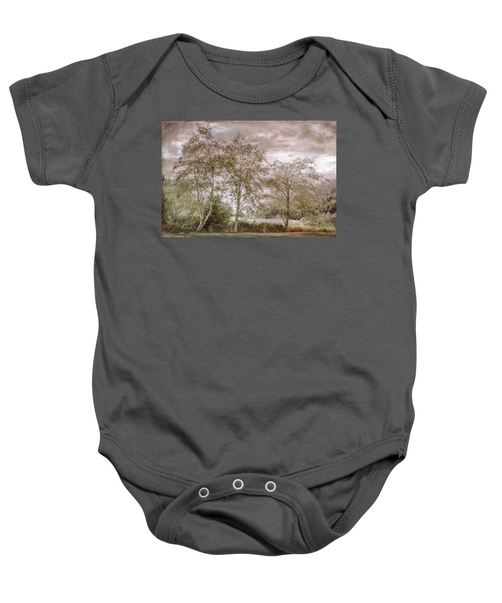 Mountains Baby Onesie featuring the photograph Trees on the Edge of the Lake in Vintage Tones by Debra and Dave Vanderlaan