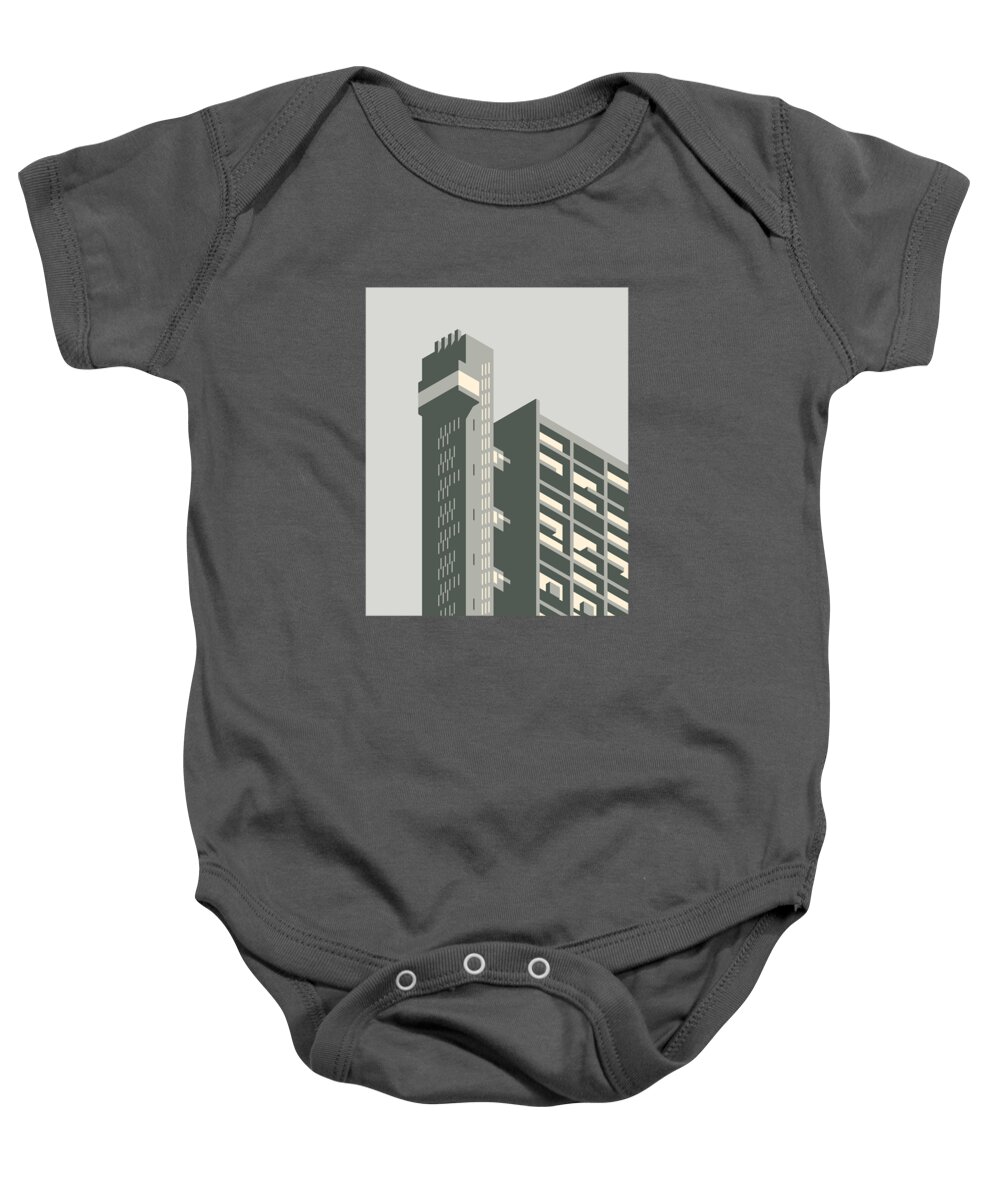 Trellick Baby Onesie featuring the digital art Trellick Tower London Brutalist Architecture - Grey by Organic Synthesis