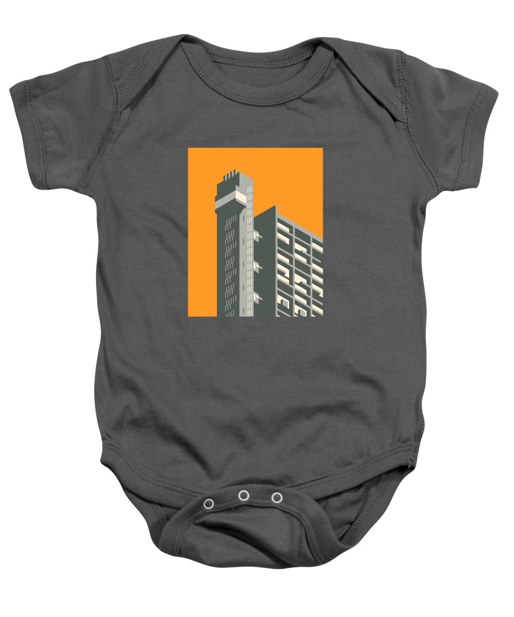 Trellick Baby Onesie featuring the digital art Trellick Tower London Brutalist Architecture - Orange by Organic Synthesis