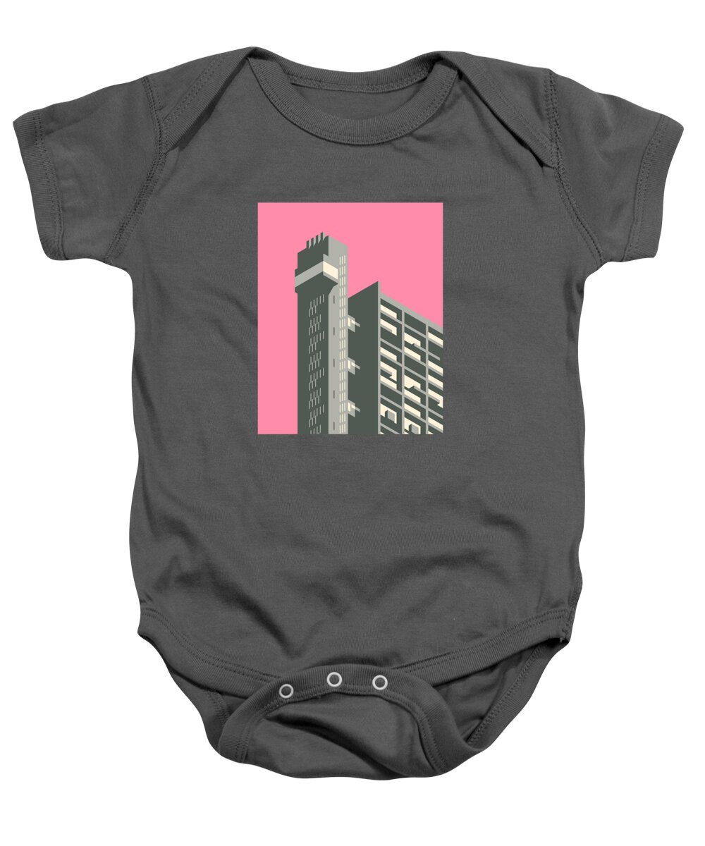 Trellick Baby Onesie featuring the digital art Trellick Tower London Brutalist Architecture - Pink by Organic Synthesis