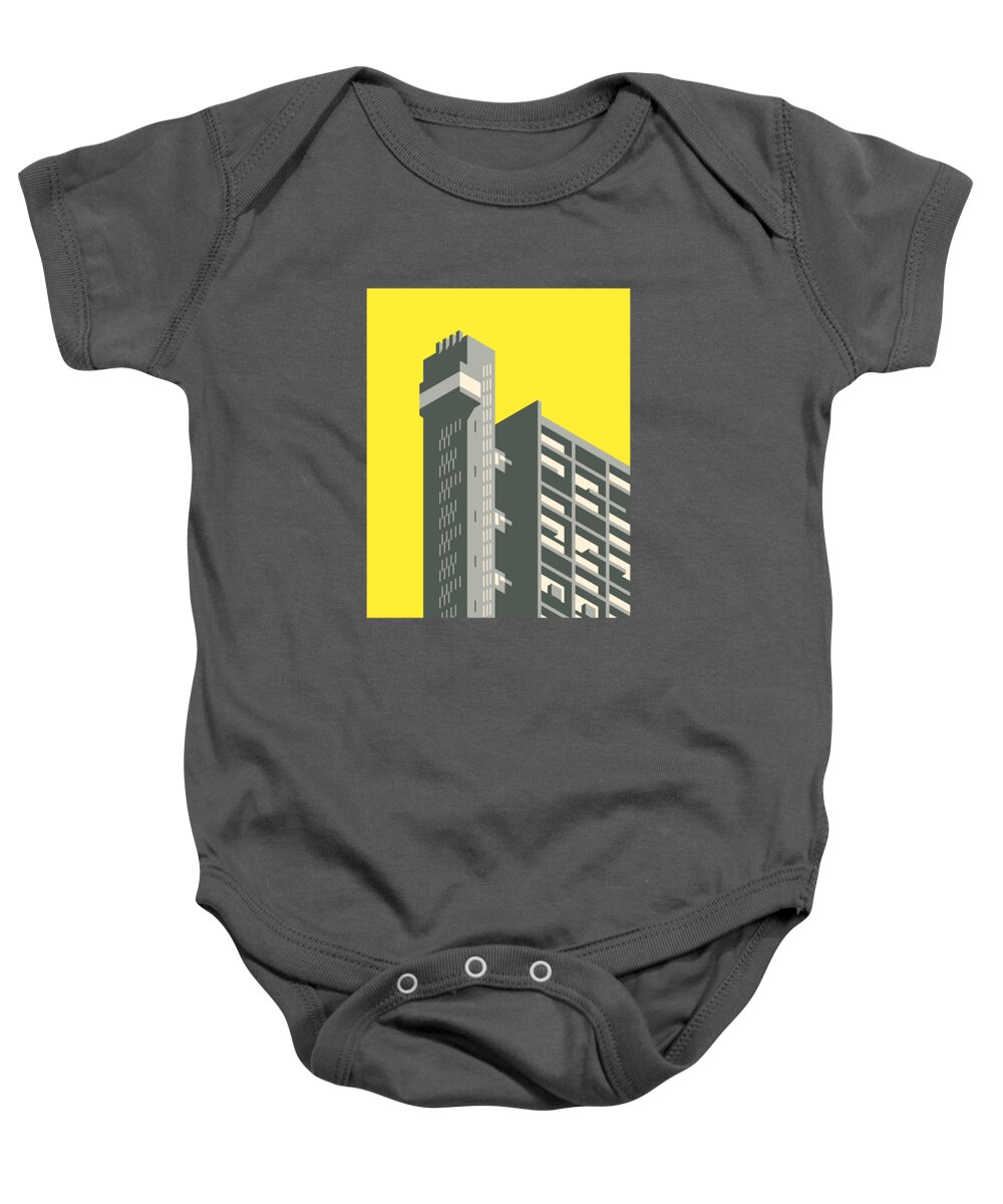 Trellick Baby Onesie featuring the digital art Trellick Tower London Brutalist Architecture - Yellow by Organic Synthesis