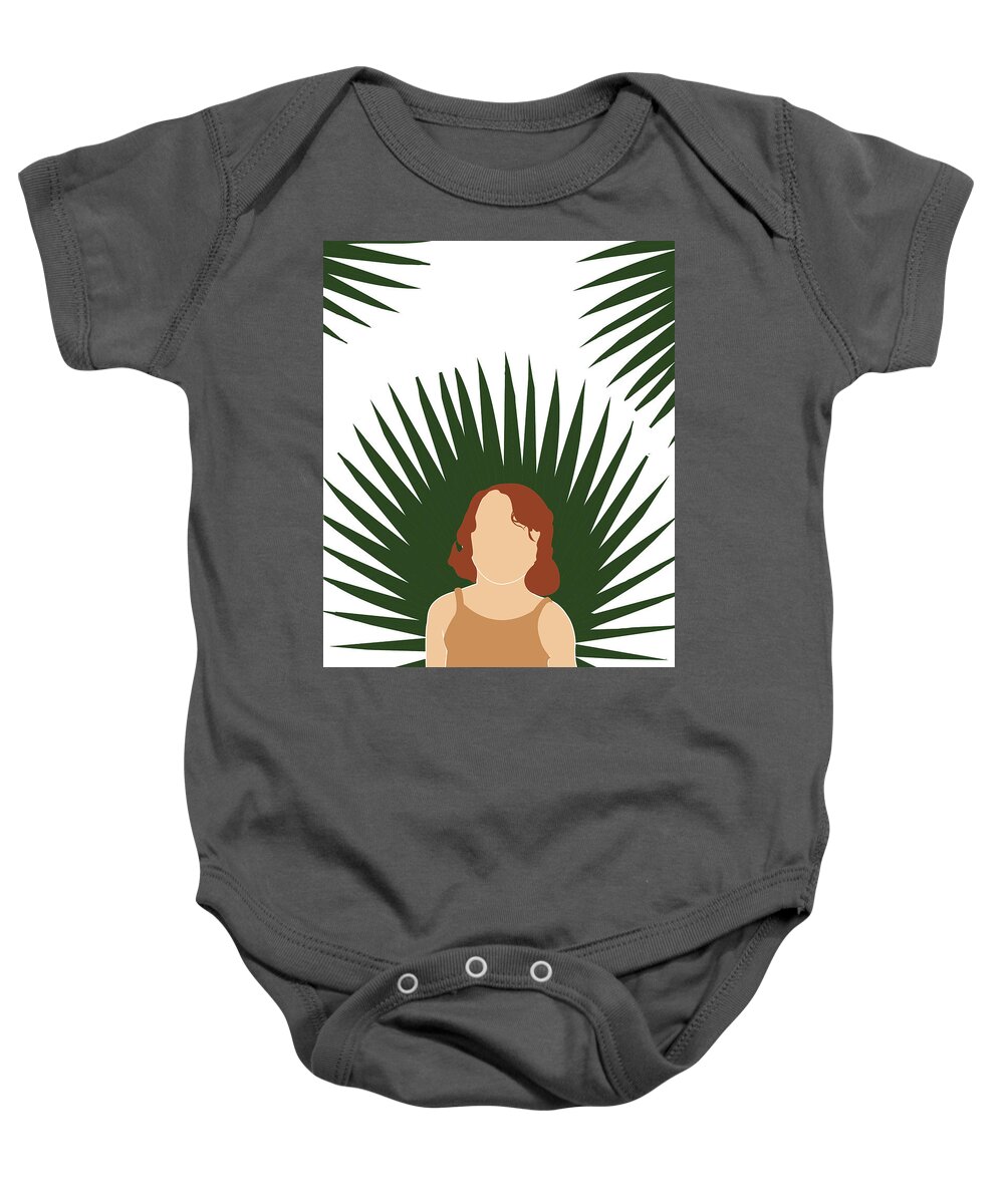 Tropical Baby Onesie featuring the mixed media Tropical Reverie 3 - Modern, Minimal Illustration - Girl and Palm Leaves - Aesthetic Tropical Vibes by Studio Grafiikka