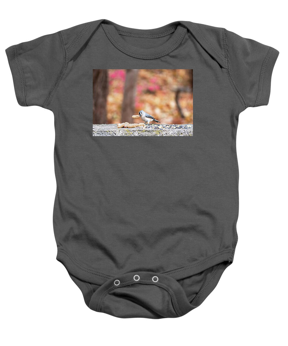 Little Gray Bird Baby Onesie featuring the photograph Tufted Titmouse with Peanut by Ilene Hoffman