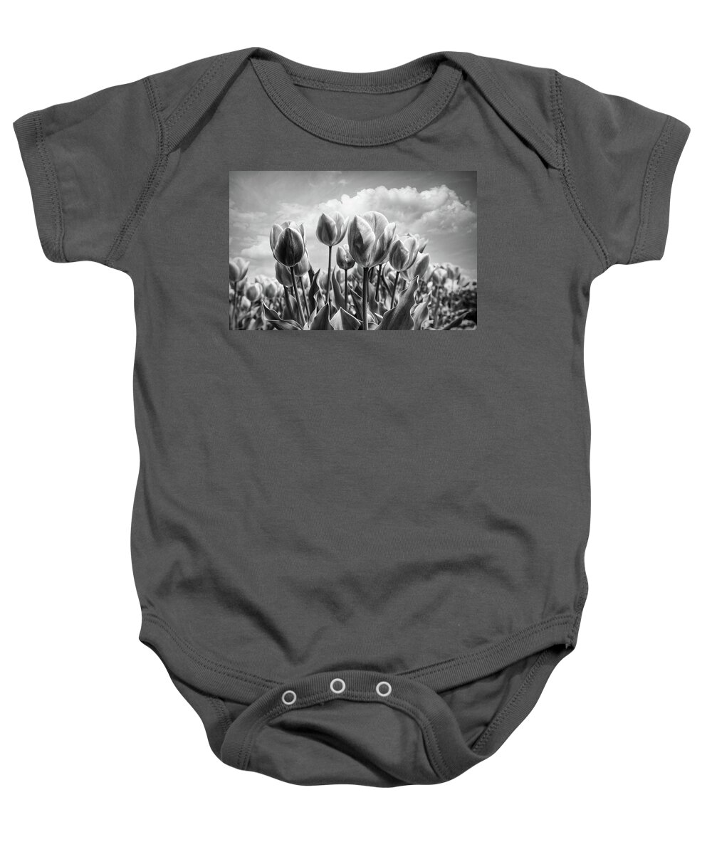 Clouds Baby Onesie featuring the photograph Tulips Waving in the Wind Black and White by Debra and Dave Vanderlaan