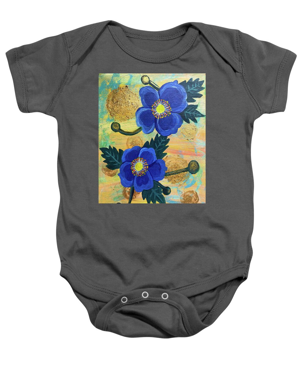 Gold Baby Onesie featuring the painting Two Blue Flowers by Christina Wedberg