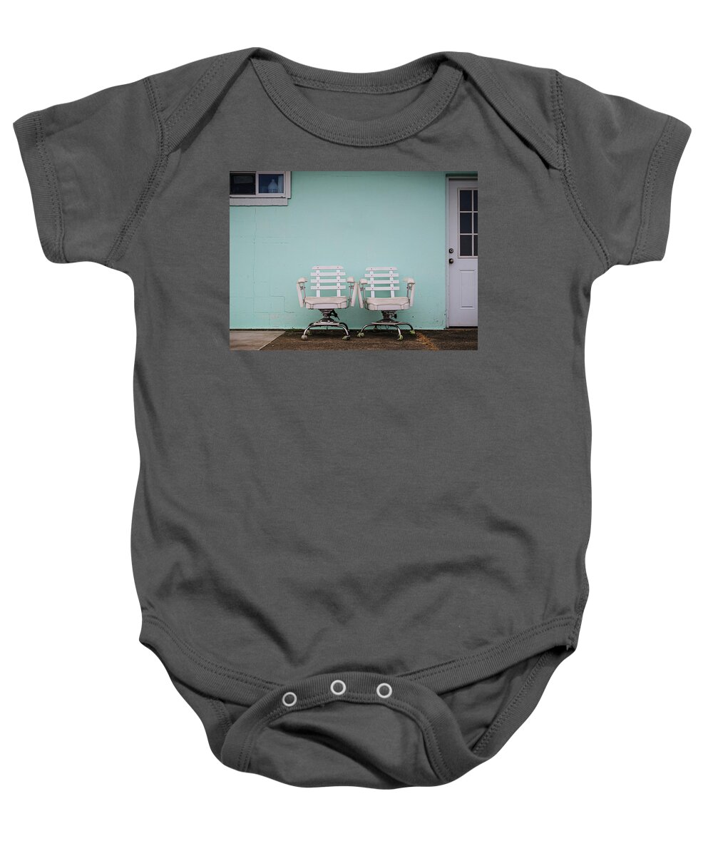 Fishing Baby Onesie featuring the photograph Two White Chairs by Steve Stanger