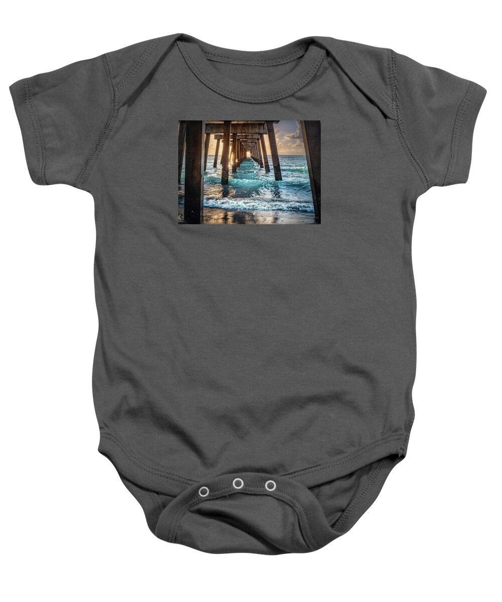 Pier Baby Onesie featuring the photograph Under The Juno Pier by Rebecca Herranen