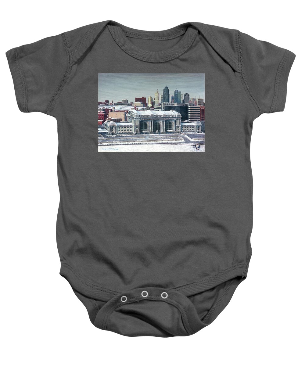 Architectural Landscape Baby Onesie featuring the painting Union Station, KC, MO, Wintertime by George Lightfoot